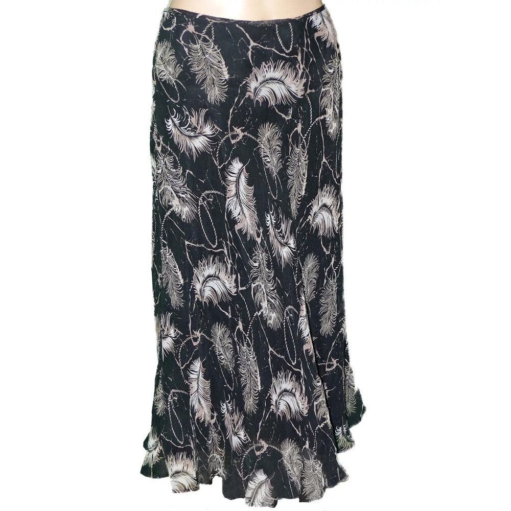 Boho Black Skirt 100% Silk Chiffon TESS Feathers Print Size 10